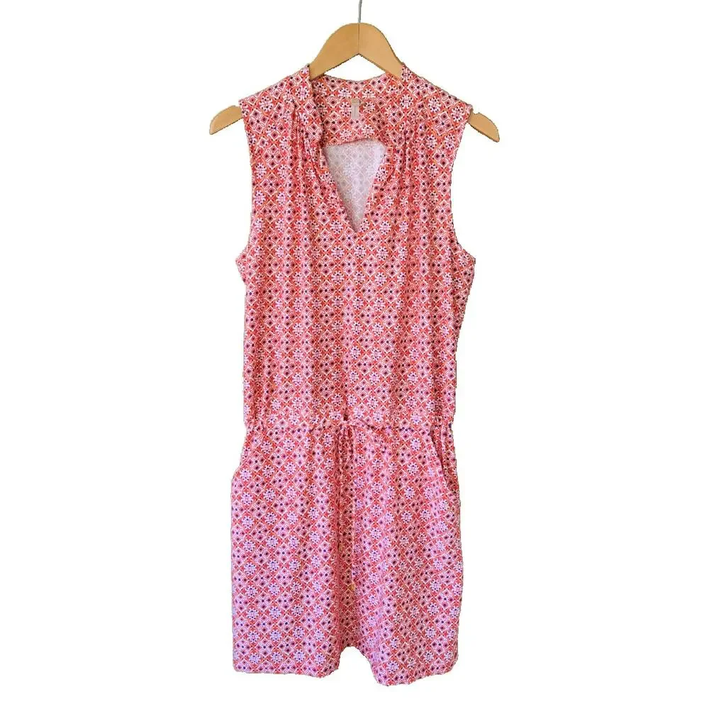 Helen Jon Sanibel Beach Mini Dress Size Large Coral Orange Navy V-neck Pockets - Picture 11 of 13